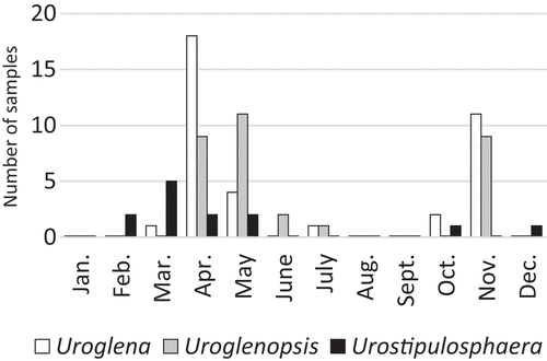 Fig. 1. Phenology of Uroglena, Uroglenopsis and Urostipulosphaera in the northern temperate zone based on all collected populations (number of samples) in the years 2014–2020. Urostipulosphaera seems to be an early spring taxon that peaked in March, while Uroglenopsis seems to be a late spring taxon that peaked in May. Uroglena peaked in April. Uroglena and Uroglenopsis exhibit significant spring and autumnal population maxima, while Urostipulosphaera does not.