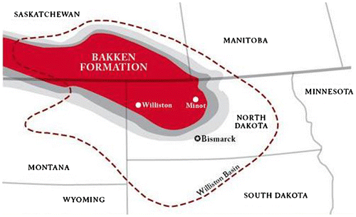 Figure 1. Map of the Bakken formation in Canada and the US.
