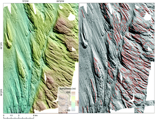 Figure 4. Example of grooved, gouged and streamlined bedrock on the mid-shelf at the transition between crystalline bedrock and sediment. Note the deep roughly parallel gouges on the east side of the image, which give way into streamlined hills, whalebacks and MSGLs further west and north. The left-hand panel is the relief-shaded image and the right-hand panel shows the mapped landforms (colours are the same as in the main map). The relief-shaded image is x20 exaggeration and is shaded from the NE.