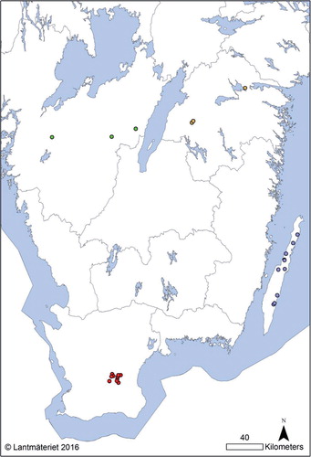 Fig. 1 Map over southern Sweden showing the geographic location of the herds from which isolates were analysed. Green=Västergötland, Yellow=Östergötland, Red=Skåne, Blue=Endemic region (Öland).