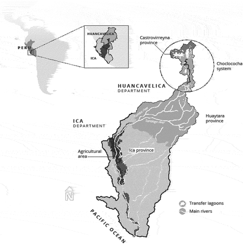 Figure 1. Tambo–Santiago–Ica river basin map, Perú and South America.