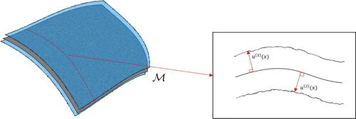 Fig. 3 Data are conceptualized as a two-dimensional vector field u on an oriented manifold M. The value u(1)(x) represents the height of the upper surface of the material above x∈M, while the value u(2)(x) represents the height of the lower surface below x∈M.