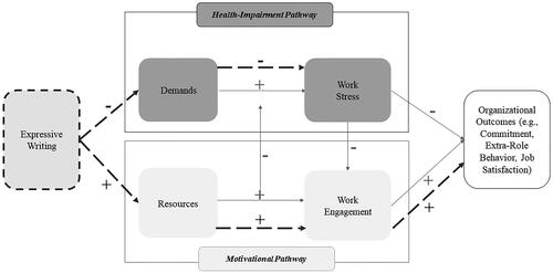 Figure 1. Visual presentation of the research model. The pathways within the boxes represent the assumptions of the JD-R model (Bakker & Demerouti, Citation2017). The dotted pathway illustrates the anticipated effect of expressive writing within this framework.