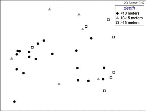 Fig. 7  Multi-dimensional scaling plot of species assemblages within mud/gravels, grouped by depth (<10, 10–15, >15 m).