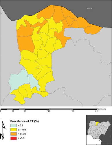 Figure 2. Prevalence of trichiasis in ≥15-year-olds in Katsina State, Nigeria, 2014.