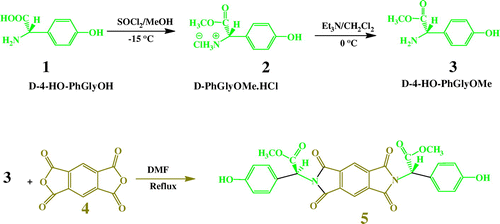 Scheme 1. Synthesis of N,N′-(pyromellitoyl)-bis-D-4-hydroxyphenylglycinedimethyl ester.