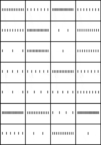 Figure 4. 28 arrangements displayed exactly 250 milliseconds on the computer screen in experiment 4 ‘strips of dashes’.