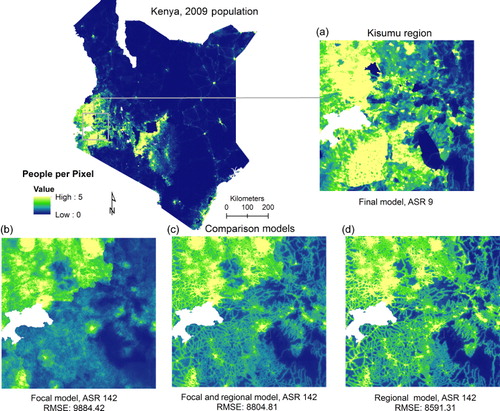 Figure 4. Illustration of different aggregated ASR units for the Kisumu region in Kenya, highlighting the improved output of the random forest parameterization using census input from Tanzania in the (c) Regional model compared to the (a) Focal or (b) F + R models.