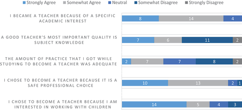 Figure 1. Questionnaire with the novice teachers One year after obtaining the degree, selected questions (N=26).