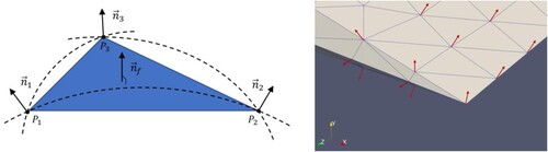 Figure 2. A curved triangle boundary face (left) and vertex normal vectors around sharp geometry (right).