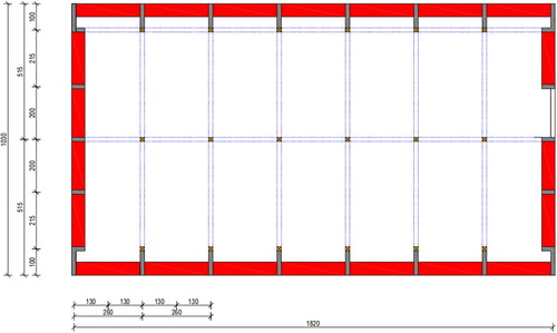 Figure 8. Layout of the BSRTU test facility (Janssens Citation2016) (Grey blocks indicate the load-bearing structures, red blocks indicate the exterior walls where the facade components will be tested; and the blue lines indicate partition walls).