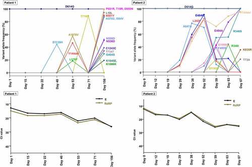 Figure 4. Temporal dynamics of SARS-CoV-2 variants within spike gene and corresponding viral loads during the patient’s course of infection in each patient (A and C, patient 1; B and D, patient 2). A lower cycle threshold (Ct) value corresponds to a higher viral load.