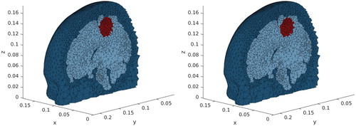 Figure 13. Realistic head mesh. Localization of a spherical perturbation in the conductivity. Left: expected perturbation. Right: result of the algorithm. The brain region, where the tetrahedrons are smaller, is shown in for more readibility.