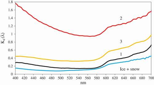 Figure 4. Spectral attenuation coefficient Kd(λ) in water below at ice station (blue line) and at summer stations 1 (black), 2 (red), and 3 (orange) between 400 and 700 nm