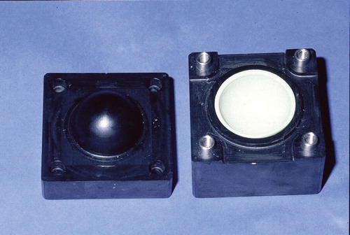 Figure 2. Mold for production of the acetabular component. The component has an inside/outside diameter of 53/56 mm and a total surface area of 4,410 mm2.