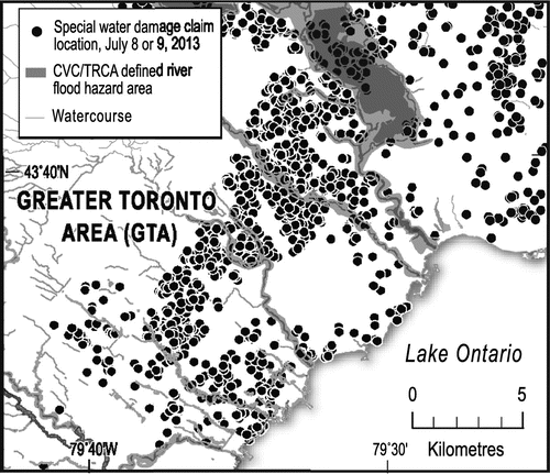 Figure 3. A sample of water damage insurance claims in the western Greater Toronto Area filed on 8 or 9 July 2013. “Special” water damage claims typically include sewer backup losses but exclude other types of insured water damages, including plumbing and appliance failure. The claim sample is from a selection of property and casualty (P&C) insurers representing 17.5% of the Ontario personal property market. River flood hazard area delineations provided courtesy of Credit Valley Conservation and Toronto Region Conservation Authority.