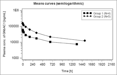 Figure 8. GNbAC1 blood concentration after first administration for group 1 (2 mg/kg) and group 2 (6 mg/kg) in MS patients in study GNC002; semi-logarithmic presentation.