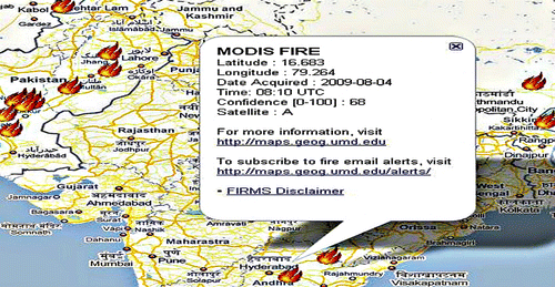 Figure 3. MODIS forest fires data on Google Maps (Naveen and Deepak 2010).