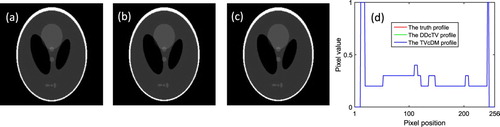 Figure 1. The reconstructed Shepp–Logan images of DDcTV-CP and TVcDM-CP algorithms. (a) is the truth image; (b) and (c) are the images reconstructed by the DDcTV-CP and TVcDM-CP algorithms, respectively. (d) shows the profiles at the vertical center-line of the truth image and the reconstructed images by the two algorithms.