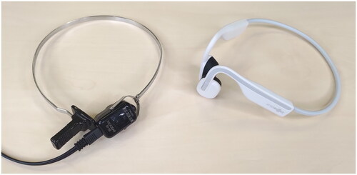 Figure 1. B71 bone transducer (left) and AfterShokz Openmove open-ear headphones (right) used to access the bone conduction hearing threshold.