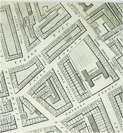 Figure 8. Detail from Richard Horwood's Map of London, Westminster and Southwark Shewing Every House, 1792–1799, showing Ogle Street and St Ann Street East; reproduced by permission of Motco Enterprises Limited, ref: www.motco.com