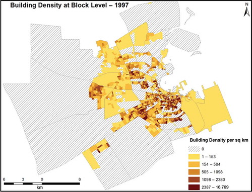 Figure 7. Building density (per square kilometre) in 1997 at the block level.