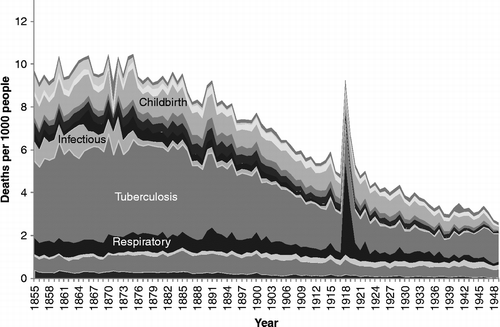 Figure 6 Cause-specific mortality rates for women aged 25–34, Scotland, 1855–1949. Source: Davenport (Citation2012). Note: See Figure 1 for the detailed sequence of causes of death.