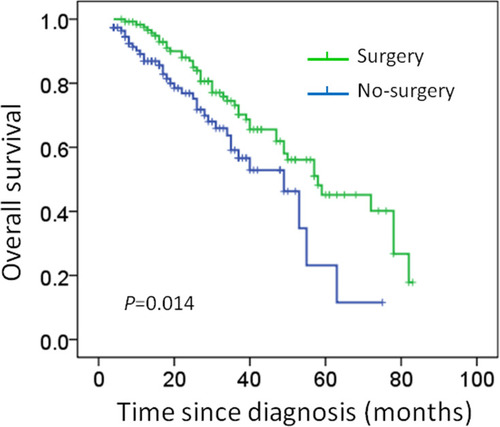 Figure 3 Kaplan–Meier curves estimate overall survival in de novo stage IV breast cancer with metastases sites ≤3 (Median survival was 35 months in the surgery group vs 22 months in the no surgery group; Log rank test: P = 0.014).