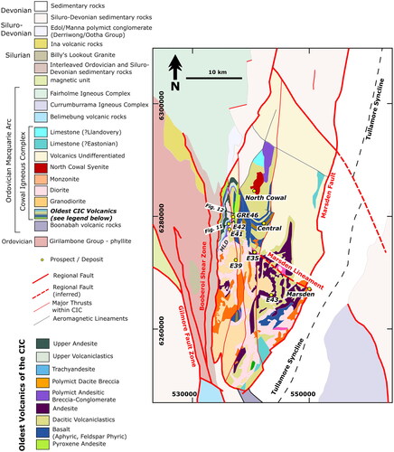 Figure 3. Modified from Radford (Citation2020), Henry et al. (Citation2014) and new graphic logging, facies analysis and 3D modelling (Figure 15) to show internal stratigraphic divisions for the oldest rocks of the Cowal Igneous Complex. Cross-section positions for Figures 11 and 12 are also indicated on the map. The ‘Muddy Lake Diorite’ is in light pink and labelled with ‘MLD’ on the map.