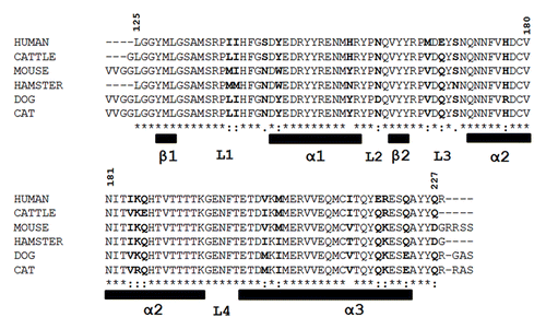 Figure 1. Amino acid sequences of C-terminal region of 6 mammalian prion proteins (PrPs). The 6 mammalian PrP sequences were compared. The bold residues are not conserved among the 6 PrPs. The residue numbering for all PrP was aligned with that for human PrP. The secondary structural element information was shown as α for α–helix, β for β–strand and L for loop or coil region.