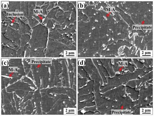 Figure 3. Microstructure of filling passes of X80 FCAW girth weld metal at different strain ageing conditions. (a) No strain ageing (a); (b) 1% prestrain and 150°C for 3-h ageing; (c) 100°C for 6-h ageing; and (d) 80°C for 30-day ageing (d).