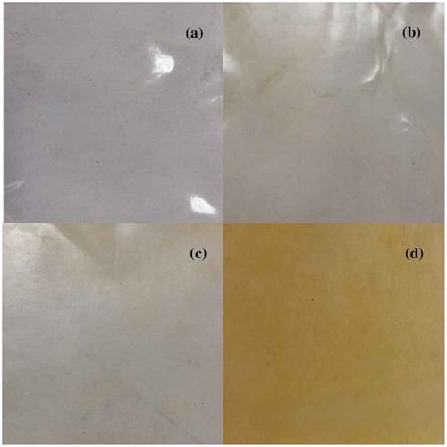 Figure 2. Appearance of gelatin-based films with 0 (a), 1 (b), 3 (c) and 5 (d) % of tomato oily extract.Figura 2. Apariencia de películas a base de gelatina con 0 (a), 1 (b), 3 (c) y 5 (d) % de extracto oleoso de tomate.