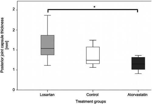 Figure 7 Comparison of the thickness of the posterior knee joint capsule after 2 weeks (*p<0.05).