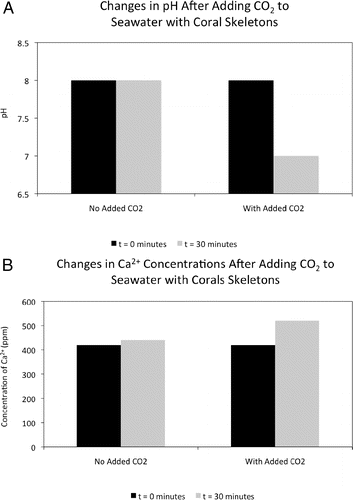 FIGURE 2: Example data showing changes in (A) pH and (B) calcium ion concentration after adding CO2 to seawater with corals skeletons.