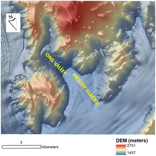Figure 2. Digital Elevation Model (DEM) (1 m resolution) of the Ong Valley. The Argosy Glacier is labelled at the SE of the Ong Valley.