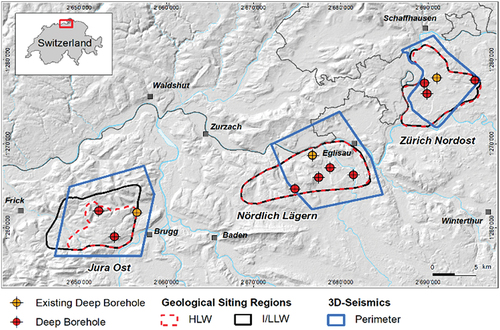 Fig. 2. The three siting regions in Northern Switzerland with the locations of the successfully completed 3D seismic surveys and Nagra’s deep exploratory boreholes.