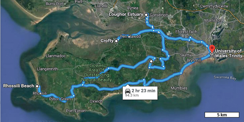 Figure 1. Google map of the initial ChatGTP-generated field trip itinerary, taking a total of 2 hours and 23 minutes driving time.