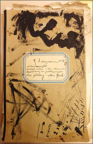 Figure 8. Cover of the Atlantic voyage data notebook (MNH). The cover is labelled as follows (see text for further details): Erdtman (Citation1937), Materialuppgifter (= Material data), Antalet pollen i div. blommor (= The number of pollen in var.[ious] flowers), Upplösning av filtrerpapper (= Dissolving the filter paper), Resa Göteborg – New York (= Travel Gothenborg – New York).