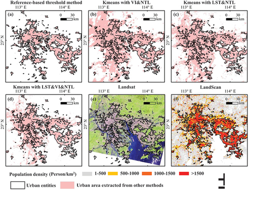 Figure 11. Comparisons among urban entities identified using different approaches. Note: Urban entities identified by (a) the reference-based threshold method, (b) integrating NTL and VI, (c) integrating NTL and LST, and (d) integrating NTL, VI, and LST; (e) and (f) Landsat and LandScan images, respectively. Note: NTL, VI, and LST represent nighttime light data, terra vegetation index, and terra land surface temperature, respectively.