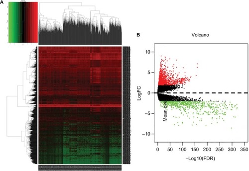 Figure 1 The differentially expressed mRNAs of invasive breast cancer.Notes: (A) Heat maps of breast cancer-related differentially expressed mRNAs. The color from green to red shows a trend from low expression to high expression. (B) Volcano diagrams of breast cancer-related differentially expressed mRNAs. The red dot represents upregulated mRNA, and the green dot represents downregulated mRNA.