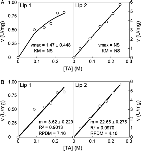 Supplementary Figure 3. Changes in velocity (v) for each lipase isoenzyme with the concentration of triacetin ([TA]) without hexane, at substrate concentrations below the maximum solubility level of triacetin (0.27 M). The lines (Figures A and B) drawn through the experimental velocity data (symbols) were obtained according to the Michaelis–Menten model (1) and a linear equation, respectively. NS: Non-significant coefficients at P < 0.05. Figura 3. Cambios en la velocidad (v) para cada isoenzima lipasa con la concentración de triacetina ([TA]) en ausencia de hexano, a concentraciones de sustrato inferiores al límite máximo de solubilidad de la triacetina (0,27 M). Las líneas (Figuras A y B) dibujadas sobre los puntos experimentales (símbolos) son las predicciones del modelo de Michaelis-Menten (1) y de la ecuación de una línea recta, respectivamente. NS: coeficientes no significativos a P < 0,05.