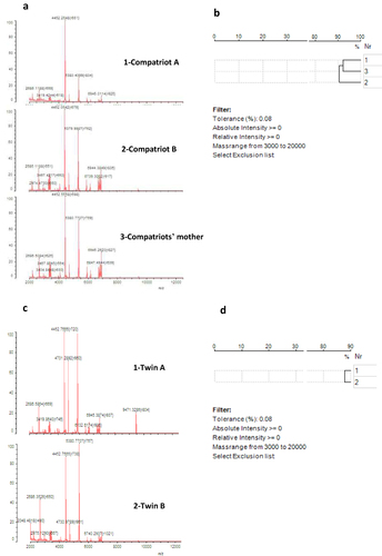 Figure 2 Comparison of peptide mass fingerprint and homology analysis for GBS strains from the two families by MALDI-TOF mass spectrometry. (a): Peptide mass fingerprint of GBS strains from family 1. Both strains of compatriot A and B were isolated from CSF and the strain of their mother was cultured with vaginal-rectal swab. (b): Homology analysis for the three GBS strains from the compatriots and their mother in family 1. (c): Peptide mass fingerprint of GBS strains from family 2. The strains of twin A and twin B were respectively isolated from CSF and blood. (d): Homology analysis for two GBS strains from the twins in family 2.