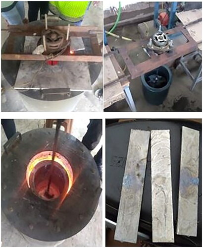 Figure 3. Stir casting machine (up left). Stirrer setup (up right). Mixing (down left). Final work piece (down right).