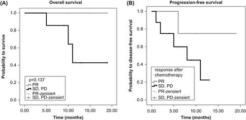 Figure 1. (A) Kaplan-Meier curve for overall survival of patients with partial remission compared to patients without remission (p = 0.137, log-rank test). (B) Kaplan-Meier curve for progression-free survival of patients with partial remission compared to patients without remission (p = 0.237, log-rank test).