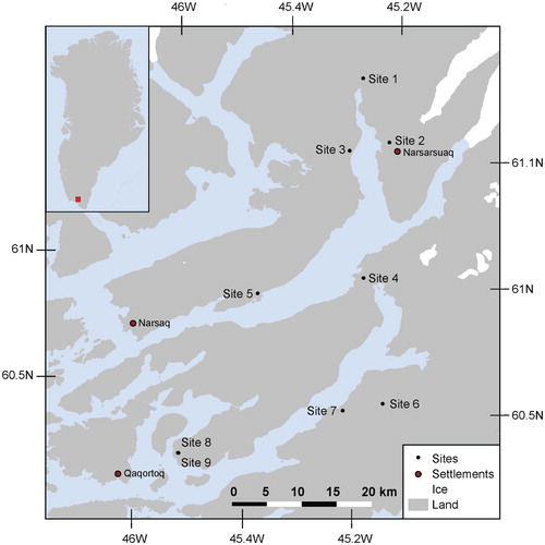 FIGURE 1. Study sites in South Greenland marked by dots (see Table 1 for further explanation).