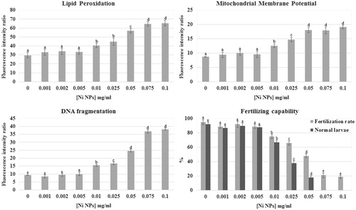 Figure 1. Effects of Ni NPs on different sperm parameters. Plasma membrane lipid peroxidation, mitochondrial membrane potential, DNA integrity, and sperm-fertilizing ability were evaluated after 2 h sperm exposure to different Ni NPs nominal concentrations. Data were reported as mean ± SD, n = 10. a, b, c, d, e denote highly significant difference, p < 0.01.