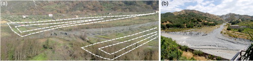 Figure 2. (a) Alluvial fan near the village of Aiello Calabro (Province of Cosenza). On 25 January 2009 shallow landslides and erosion processes, triggered by an intense rainfall event, produced relevant debris volumes that were transported along the feeder channel and deposited on the alluvial fan and the road crossing it. (b) Active alluvial fan near the village of San Lorenzo (Province of Reggio Calabria). Source: CitationSorriso-Valvo et al. (2010).