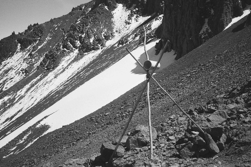 FIGURE 1 Logger 9 (5470 m a.s.l.), showing the horizontal positioning of the radiation shield, oriented north-south to prevent shortwave radiation influx. The shield's diameter:length ratio was chosen to permit adequate shading yet sufficient ventilation of the sensor.