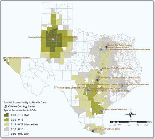 Figure 2. Spatial access to Children’s Oncology Group (COG) services in Texas.(Note: Values close to 1 or higher represents high level of spatial accessibility)