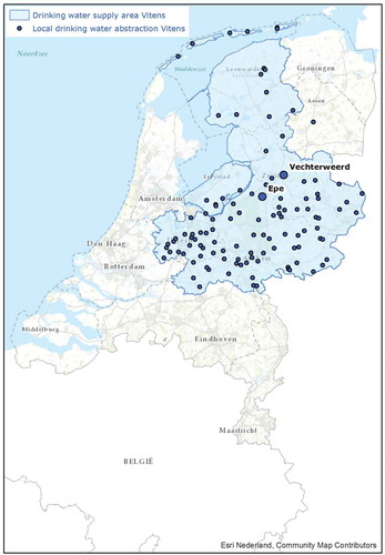 Figure 1. Drinking water supply area and local drinking water abstractions of drinking water company Vitens in the Netherlands. The assessment framework is applied to the highlighted drinking water abstractions Epe and Vechterweerd (section 4).
